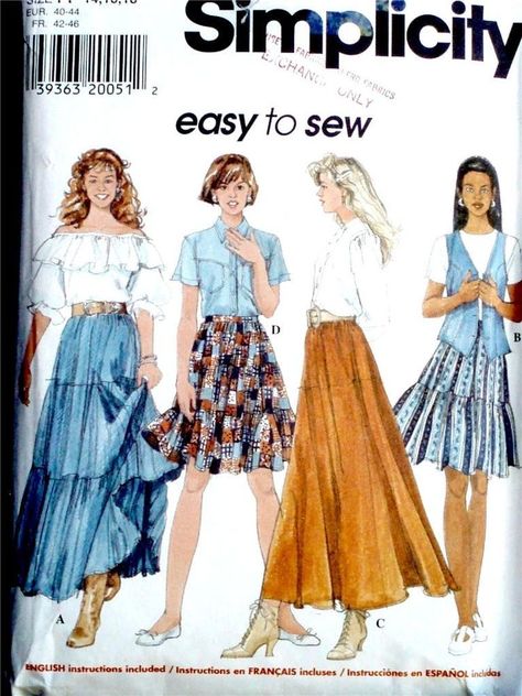 FAB VTG ROMANTIC TIERED WESTERN EVENING SKIRTS Misse Sewing Pattern 7520 8 10 12 Boho Chic Skirts, Circle Skirt Pattern, Simplicity Patterns Vintage, Women's Sewing Pattern, Skirt Sewing, Tiered Skirts, Chic Skirts, Skirt Patterns Sewing, Simplicity Sewing