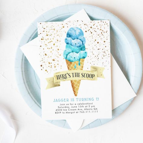 Here's the Scoop Boy Ice Cream Birthday Party Invitation - Kids Birthday Twin Sprinkle Shower Ideas, 2nd Baby Shower Theme, Twin Boy Baby Shower Themes, Baby Shower Themes Twins, Two Scoops Are Better Than One Twins, Twin Theme Baby Shower Ideas, Twin Boys Baby Shower Ideas, Twin Boy Baby Shower Ideas, Twin Baby Shower Ideas Theme