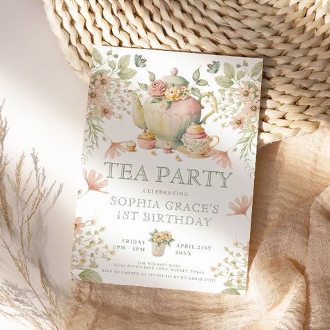 Teapot & Tea Cups Whimsical Wildflowers Birthday Invitation Birthday Party Tea Party, Fairytale Birthday, Whimsical Birthday, Tea Party Tea, Birthday Party Snacks, Cup Decorating, One Year Birthday, Tea Party Theme, Spring Tea