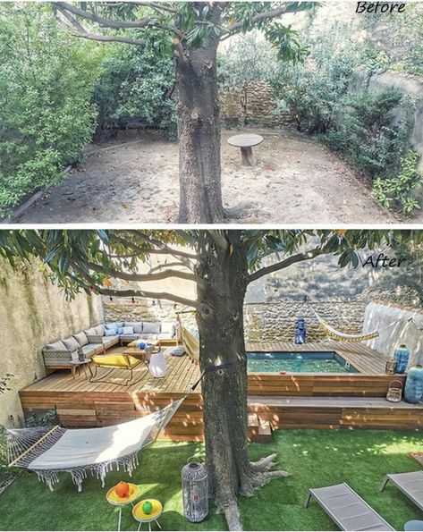 Spa Small Backyard, Small Swimming Pool, Backyard Landscape Design, Raised Deck, Small Pool Design, Sun Loungers, Backyard Renovations, Backyard Landscape, Backyard Inspiration