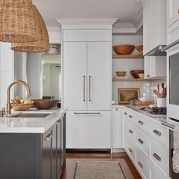 Refrigerator In A Corner Design Ideas Ashley Montgomery Design, Ashley Montgomery, Basket Light, L Shaped Kitchen, Floor Plan Layout, Kitchen Gallery, Appliance Pull, Undermount Sink, Ceiling Beams