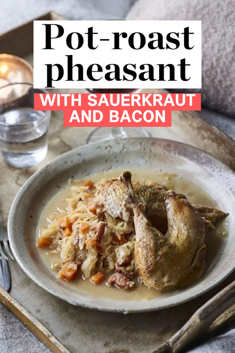 One of the best ways to cook pheasant. Try something a little different with our pot-roasted dish. The bird is cooked with white wine, bacon lardons and sauerkraut and served alongside creamy mash or bread. Pheasant Recipe, Roast Pheasant, Pheasant Recipes, Pickled Fruit, Best Pickles, Cooking With White Wine, Creamy Mash, Delicious Magazine, Fruit Cocktails