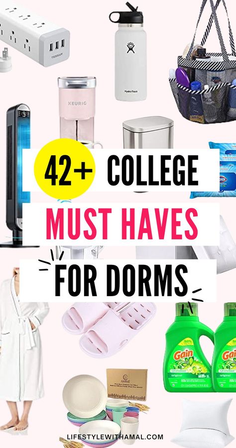 Looking for the important dorm room essentials? Here are 45 college dorm room must haves you'll want to pack right away! This dorm room checklist is great for any freshman who's going to college. It has everything from bedding, bathroom, kitchen to even dorm room organization! SO helpful! University Needs List, Target Dorm Essentials, Essential Dorm Room Items, Dorm Must Haves For Guys, Dorm Room Essentials List Freshman Year, College Must Haves Supplies, Dorm Bathroom Aesthetic, University Must Haves, College Dorm Organization Ideas