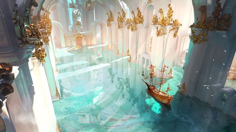 Fantasy Water Kingdom Aesthetic, Palace Concept Art, Kingdom Concept Art, Water Kingdom, بيوت ملكية, Ship Sailing, Fantasy Concept, Landscape Concept, Fantasy City