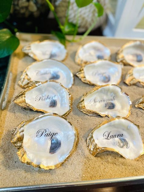 All shells measure 3-4 inches in length. All oyster shells are natural and beautifully bleached by the sun, they have a nice round shape and cup to them making them ideal to use in the future as a jewelry dish. I harvest the oysters in Louisiana, right outside of New Orleans, these shells are thick Oyster Shell Name Cards, Oyster Shell Place Cards, Shell Place Cards, Silver Leaf Painting, Place Settings Thanksgiving, Place Cards Wedding, Oyster Shell Crafts, Pearl Paint, Wedding Place Settings