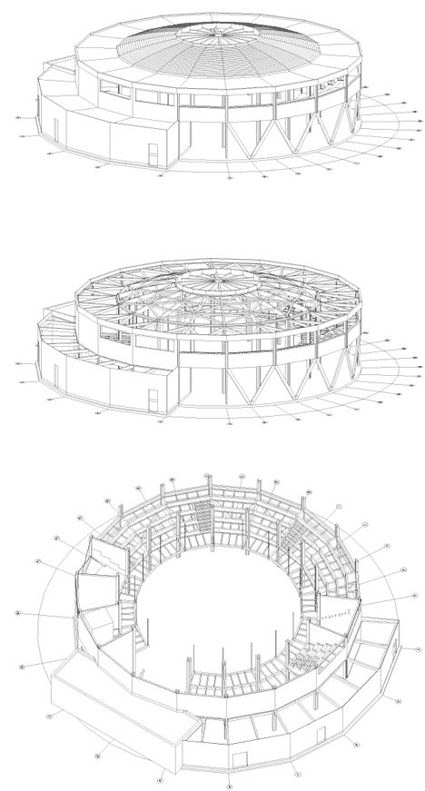 Circular Restaurant Plan, Circle Pavilion, Arch Restaurant, Circular Restaurant, Staff Accommodation, Theatre In The Round, Round Restaurant, Building Columns, Perspective Architecture