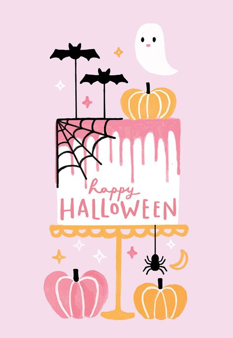 Halloween Cake Decorated with Bats and Pumpkins Card Cute Halloween Graphics, Spooky Invitations, Halloween Birthday Card, Glitter Christmas Cards, Fall Widgets, Ghost With Pumpkin, Valentine Notes, Halloween Cake Decorating, Happy Halloweenie