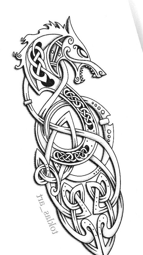 Celtic Dragon Design, Celtic Wolf Tattoo Design, Long Tattoo Design Arm, Norse Tree Of Life Tattoo, Celtic Art Tattoo, Viking Runes Alphabet, Celtic Wolf Tattoo, Fenrir Tattoo, Celtic Dragon Tattoos