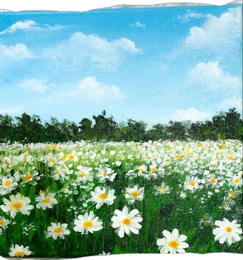 Natural Painting Easy, Acrylic Painting Canvas Acrylic Painting Canvas Landscapes, Easy Flower Landscape Painting, Field Of Daisies Drawing, Daisy Field Drawing, Flower Scenery Painting Easy, Diy Daisy Painting, Oil Painting Landscape Easy, Field Of Daisies Painting