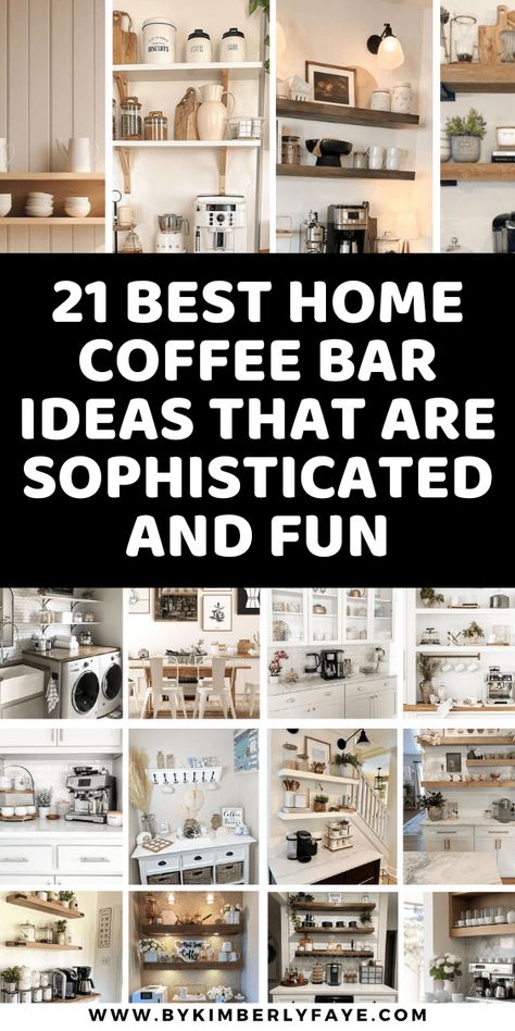 21+ Best Home Coffee Bar Ideas That Are Sophisticated and Fun - By Kimberly Faye Kitchen Coffee Bars Built In, Glamorous Coffee Bar Ideas, Kitchen Pantry Coffee Bar, What To Put On A Coffee Bar, Cappuccino Bar Ideas, Ideas For Coffee Bar In Kitchen, Coffee Bar Island Ideas, Bar Area Ideas For Home, Coffee And Snack Bar Ideas