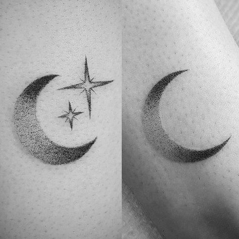 Dotwork cresent moons by lydiaohlydia at Man's Ruin tattoo Stippled Moon Tattoo, Stipple Moon Tattoo, Creasant Moon Tattoos, Moon With 3 Stars Tattoo, Star Dotwork Tattoo, Half A Moon Tattoo, Dot Moon Tattoo, Shaded Crescent Moon Tattoo, Moon And Stars Tattoo Men