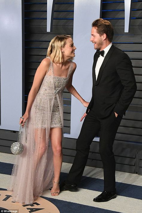 Gifted pair: Despite missing out on the Best Actress Oscar gong, Margot Robbie and husband... Margot Robbie Tom Ackerley, Margot Robbie Husband, Chanel Gown, Tom Ackerley, Fitted Corset, Best Actress Oscar, Blonde Makeup, Jimmy Choos, Sheer Gown