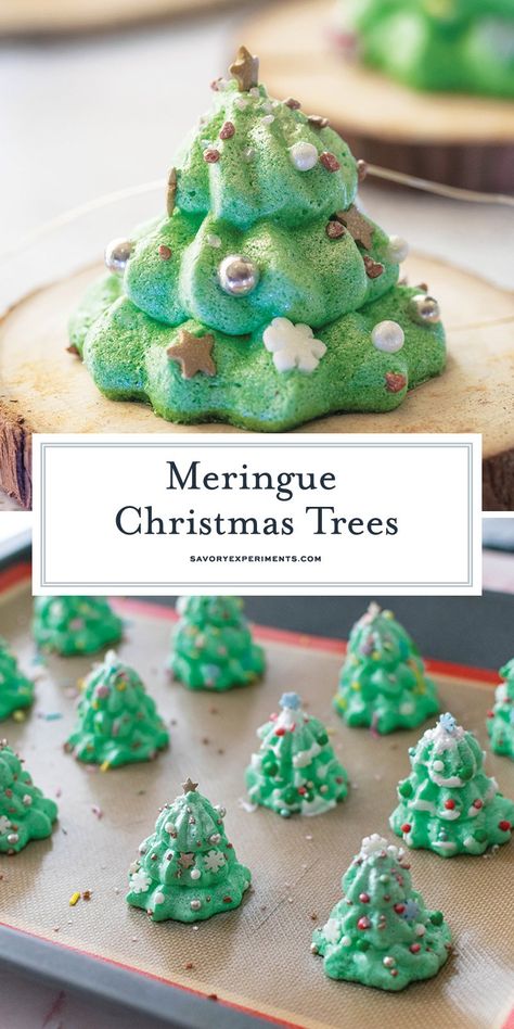 Melt in your mouth Meringue Christmas Trees are so easy to make and look amazing on the table. Extra light, crunchy and delicious! Meringue Christmas, Dessert For Christmas, Amazing Christmas Trees, Favorite Christmas Recipes, Gluten Free Christmas, Festive Desserts, Christmas Tree Cookies, Sugar Sprinkles, Meringue Cookies