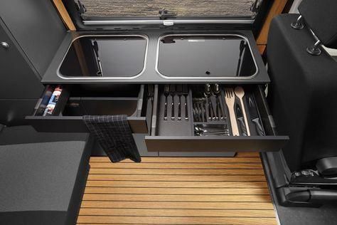 Sprinter Van Camper, Camper Van Kitchen, Camping Vans, Skoolie Conversion, Truckbed Camper, Trailer Design, Traveling Style, Camping Quebec, Travel Vans