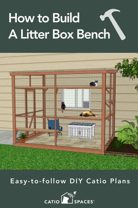 The LITTER BOX BENCH DIY Plan by Catio Spaces provides easy-to-build instructions for an attractive, multifunctional addition to your catio and home. The plan features front access doors to clean the litter box, cat entry options from the left or right side (or both), and space for sitting and lounging on a padded top with fabric. Help eliminate indoor litter odors while your cats enjoy the catio lifestyle. Outdoor Litter Box For Indoor Cats, Diy Outdoor Cat Enclosure Cheap, Outdoor Litter Box Enclosure, Outdoor Litter Box Ideas, Outdoor Cat Litter Box Ideas, Litter Box Bench, Cat Tunnel Diy, Litter Box Diy, Cat Litter Box Ideas