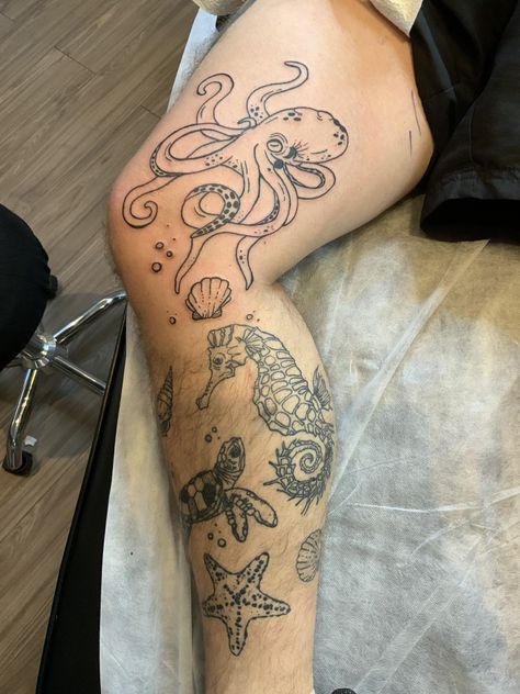 Sea Themed Leg Tattoos, Sea Life Leg Sleeve, Legs Tats, Ocean Leg Sleeve Tattoo, Coral Tattoo, Mermaid Sleeve Tattoos, Ocean Sleeve Tattoos, Ocean Sleeve, Starfish Tattoo