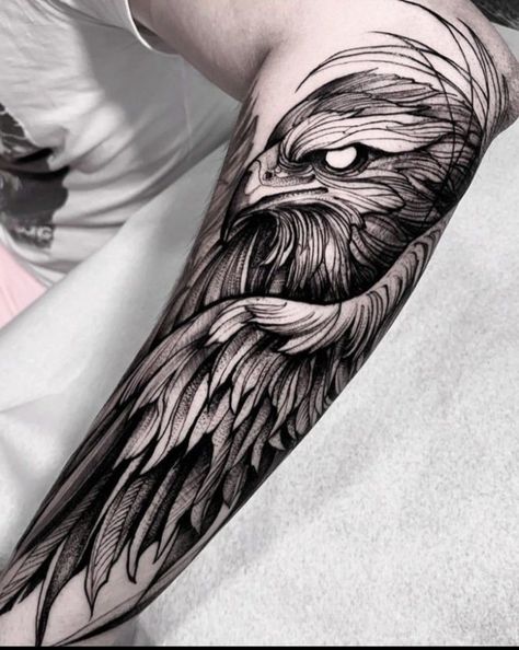 Eagle Neck Tattoo, Eagle Tattoo Forearm, Eagle Tattoo Arm, Owl Forearm Tattoo, Eagle Wing Tattoos, Thigh Piece Tattoos, Falcon Tattoo, Arm Tattoos Drawing