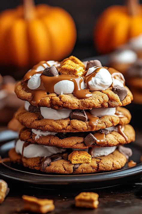 Pumpkin S’mores Cookies are the ultimate fall cookie! Packed with pumpkin spice, graham crackers, chocolate chips, and marshmallows, they’re the perfect cozy treat for any occasion. This easy recipe is ideal for fall gatherings, holidays, or just because. Save this pin and bake a batch today! Don’t forget to share your creations with us! 🍂🍫🍪 #PumpkinCookies #Smores #FallBaking #CookieRecipe Pumpkin Spice Smores, Chocolate Chips And Marshmallows, Crumbl Cookies, Smores Cookies, Fall Gathering, Fall Cookies, Pumpkin Cookies, Fall Baking, Fall Favorites