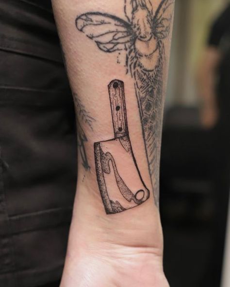 Cleaver Knife Tattoos, Meat Cleaver Tattoo, Cleaver Tattoo, Butcher Knife Tattoo, Cooking Tattoo, Gap Filler Tattoo, Knife Tattoo, Spooky Stickers, Cleaver Knife