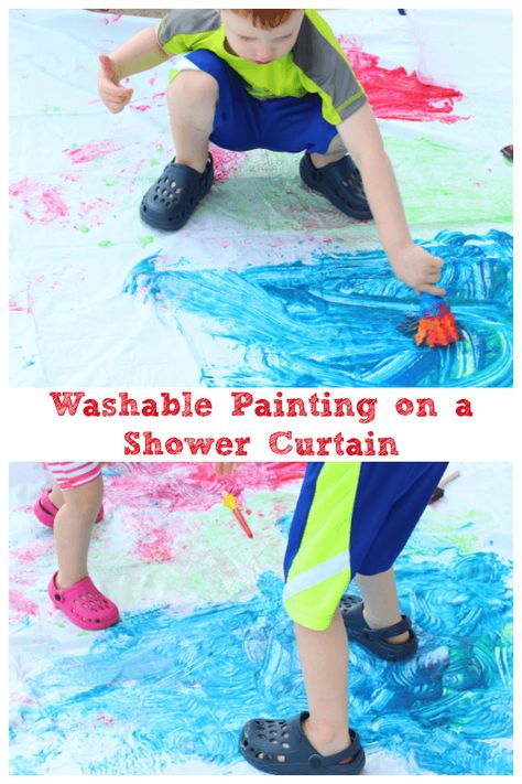 Painting on a shower curtain is a fun summer art activity for preschoolers! Summer Art Activities, Fun Activities For Preschoolers, Summer Fun For Kids, Painting Activities, Preschool Arts And Crafts, Preschool Art Activities, Educational Activities For Kids, Toddler Play, Summer Activities For Kids