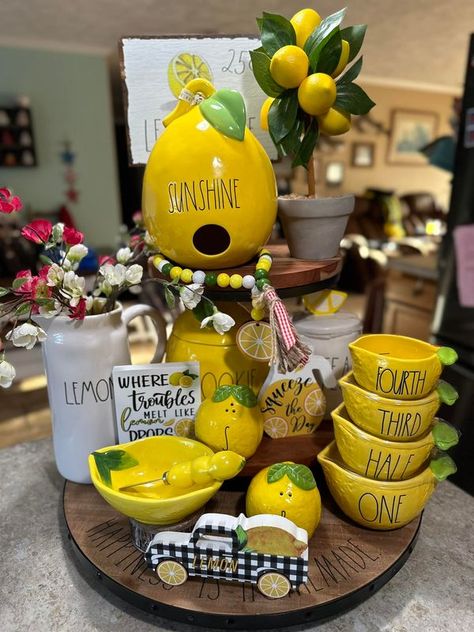 Tiered Tray Decorating & More | My summer lemon tray. | Facebook Lemon Kitchen Decor, Lemon Kitchen, Lemon Decor, My Summer, Buffalo Check, Tiered Tray, Summer Decor, Tray Decor, Buffalo