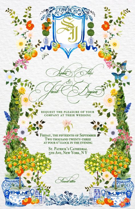 Looking for an invitation that exudes heavenly beauty for your special occasion? Look no further than our blossoming designs that are sure to impress. Introducing our exquisite and beautiful Amalfi coast-inspired invitation, featuring inviting hues of green and blue and highlighting the region's signature lemons amidst seas of blossoming bougainvillea and oranges. The highly detailed floral designs frame and perfectly accentuate the central chinoiserie jars with blue and white which are featured Mediterranean Party Invitations, Amalfi Coast Inspired Wedding, Amalfi Coast Invitation, Amalfi Invitation, Amalfi Coast Wedding Invitations, Orange And Blue Wedding Invitations, Amalfi Coast Design, Italian Invitation Design, Italian Wedding Invite