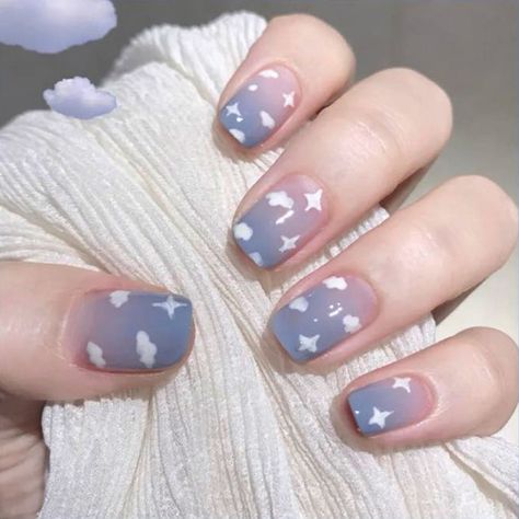 Short Square Head Fake Nails Press On Flower Clear False Nail With Glue Designs Set Full Cover Round Nail Designs, Art Clouds, Nail Coat, Nail Art Diy Easy, Nail Art Techniques, Summery Nails, Stars Pattern, Round Nails, Square Head