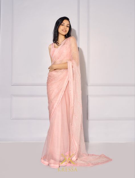 Our candy Floss Organza Saree fully Hand embroidered with Pleated blouse Organza Blouses, Pink Organza Saree, Simple Saree Designs, Indian Sari Dress, Modern Saree, Simple Sarees, Saree Designs Party Wear, Embroidered Saree, Embroidered Organza