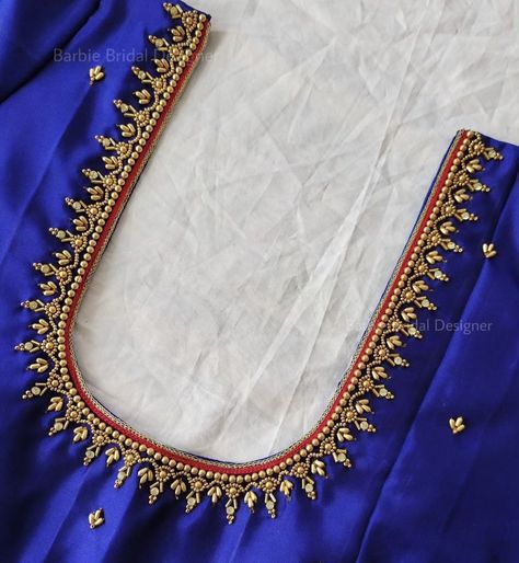 Aari Work Paithani Blouse Simple Design, Single Line Maggam Work Designs, Dark Blue Blouse Aari Work Designs, Latest Simple Aari Work Blouse Designs, Designing Blouse, Basic Blouse Designs, Aari Blouses, Magam Work Designs, Blouse Simple