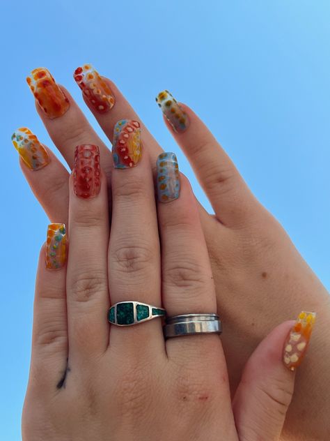 Red Blue Green And Yellow Acrylic Nails, Orange Nail Aesthetic, Earthy Gel X Nails, 1960s Nail Art, Sun Inspired Nails, Simple Hippie Nails, Earthy Nails Acrylic Short, Granola Nails Aesthetic, Cute Hippie Nails