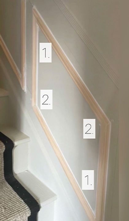 Stairs panelling - how to template the angles with no tools Box Molding On Stairs, Paneling Up Staircase, Hallway And Stair Panelling, Molding On Stairs Wall, Wall Molding Stairs Stairways, Half And Half Stair Walls, Wall Trim Going Up Stairs, Stair Wall Molding Ideas, Stairway Wall Treatments