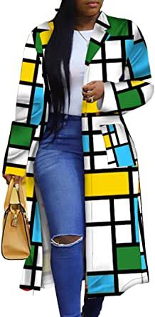 Women's Colored Geo Turn Down Collar Trench Coat Colorful Outerwear Cardigan Long Blazer Jacket Trench Jacket Outfit, Hue Leggings, Perfect Capsule Wardrobe, Long Blazer Jacket, Trench Coat Outfit, Blue Clothing, Peacoat Jacket, Double Breasted Trench Coat, Trench Jacket