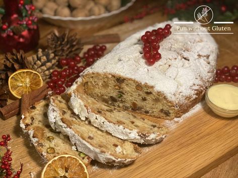 Stollen Cake, Stollen Bread, Stolen Recipe, Stollen Recipe, German Christmas Food, Festive Bread, Gluten Free Holiday Recipes, Candied Lemon Peel, Gluten Free Holiday