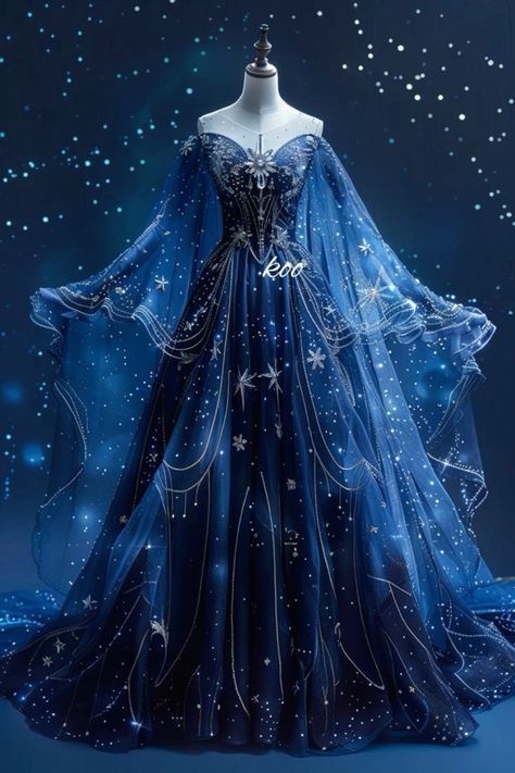 Formal Star Dress, Starry Night Inspired Dress, Dark Blue Starry Dress, High Lady Of The Night Court Dress, Constellation Dress Gowns, Sapphire Blue Wedding Dress, Feyre Night Court Dress, Starry Dress Aesthetic, Celestial Wedding Dress Blue