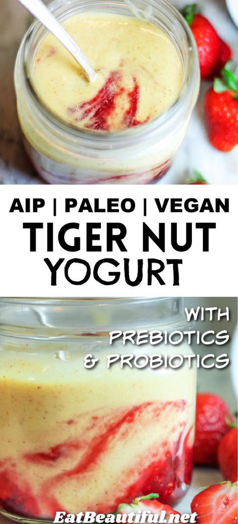 Naturally sweet and dairy-free, Tigernut Yogurt is Paleo, Vegan, AIP and free of coconut, grains and nuts. This delicious probiotic and prebiotic treat takes just 15 minutes to assemble and is done culturing in one day or overnight. | Eat Beautiful | tiger nut yogurt | recipe | paleo goodness | paleo yogurt recipe | aip yogurt | vegan yogurt | tiger nut recipes | tiger nut | yogurt | instant pot || #tigernut #yogurt #paleo #aip #vegan #instantpot Aip Yogurt, Paleo Yogurt, Yogurt Instant Pot, Probiotic And Prebiotic, Surgery Prep, Aip Vegan, Tiger Nut, Tigernut Flour, Aip Breakfast