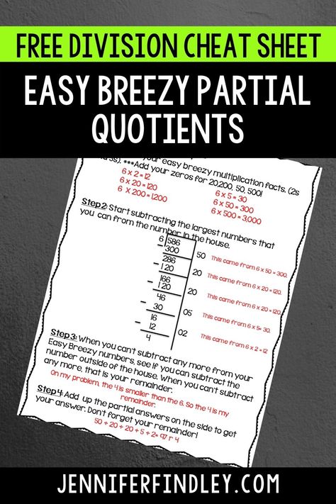 Teaching students about partial quotients can be tricky! Check out the post to grab your free copy of the division cheat sheet to make teaching math easier! Division Partial Quotients, Partial Quotient Division Anchor Chart, Partial Quotient, Partial Quotient Division, Division Anchor Chart, Teaching Long Division, Partial Quotients, Teaching Division, Math Cheat Sheet