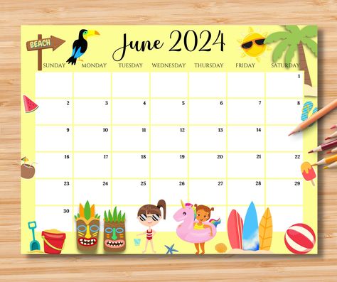 Fillable Calendar, Summer At The Beach, Calendar June, Coloring Calendar, Year Calendar, Homeschool Schedule, Easter Eggs Diy, 2024 Calendar, Kids Calendar