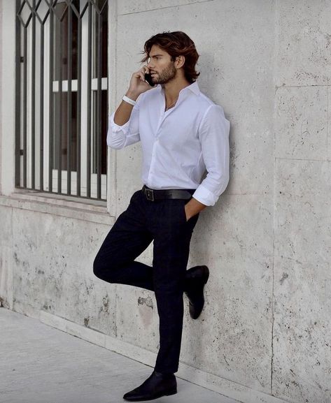 White Shirts Outfits, White Shirt Outfit For Men, Black Pants Outfit Men, Casual White Shirt, Rave Outfits Men, Black Pants Outfit, Black Suit Men, White Shirt Outfits, Shirt Outfit Men