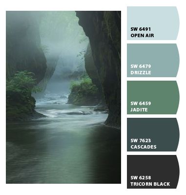 Sea And Forest Color Palette, Cascades Color Palette, Sw Cascades Color Palette, Cascades Sherwin Williams Color Palette, Forest Wood Sherwin Williams, Cascades Sherwin Williams, Sherwin Williams Color Palette, Sherwin Williams Colors, House Color Palettes