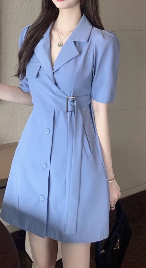 Blue Office Dresses For Women, Sky Blue Dress Aesthetic, Office Dress Ideas, Blue Dress Korean Style, Aesthetic Dress For Women, Aesthetic Office Outfit Korean, Formal Dress Korean Style, Korean Girl Outfits Dress, Cute Blue Outfits Korean