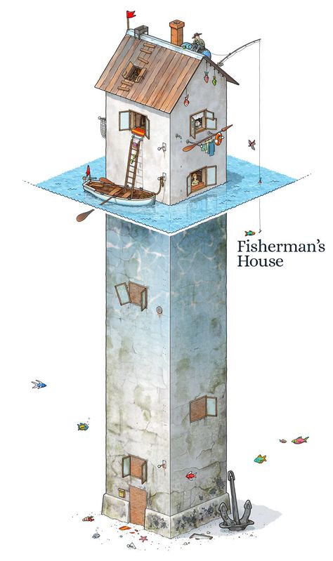 The Valley of Tall Houses: Fisherman's House on Behance Art 2022, Aesthetic Architecture, Isometric Drawing, Arte 8 Bits, Isometric Art, Building Art, Fantasy House, Fantasy City, House Drawing