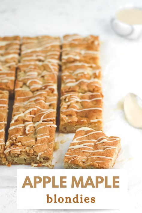 These apple blondies with maple icing make an easy fall dessert. These blondies are made with brown butter, maple, and loaded with apples Maple Apple Blondies Recipe, Glazed Apple Maple Blondies, Maple Glazed Apple Blondies, Maple Nut Blondie, Pumpkin Maple Blondies, 30 Minute Desserts, Maple Desserts, Apple Blondies, Caramel Apple Crisp