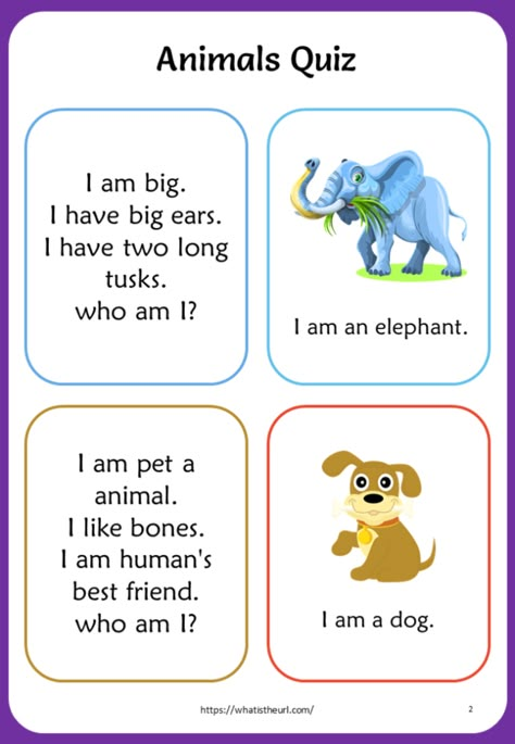 Animals Quiz for Kids - Your Home Teacher Quiz Games For Kids, English Games For Kids, Guess The Animal, Animal Riddles, Quiz For Kids, Articles For Kids, Animal Quiz, Kindergarten Reading Activities, English Activities For Kids