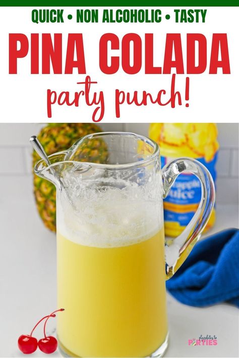 Non Alcoholic Pina Colada Punch, Punches For Parties Non Alcoholic, Red Hawaiian Punch Party Punch, Pins Colada Punch, Pina Colada Drinks Non Alcoholic, Pina Colada Lemonade, Refreshing Summer Drinks Nonalcoholic Punch Recipes, Pool Party Drinks Non Alcoholic, Nonalcoholic Drinks For A Crowd