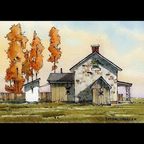 Peter Sheeler (@sheelerart) • Instagram photos and videos Peter Sheeler, Watercolor Barns, Fall House, Watercolor House Painting, Watercolor Art Landscape, Farm Paintings, House Farm, Grey House, Watercolor Architecture