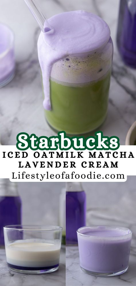 This copycat Starbucks Oatmilk Matcha Lavender Cream recipe is here just in time for Spring 2024! Made with sweetened matcha powder, creamy oat milk, and lavender syrup, this iced lavender oat milk latte will satisfy your every craving. Starbucks Iced Lavender Matcha, Lavender Oat Milk Matcha, Iced Lavender Cream Oatmilk Matcha, Starbucks Lavender Oatmilk Matcha, Iced Lavender Cream Oat Milk Matcha, Lavender Cream Oat Milk Matcha, Lavender Oatmilk Chill, Macha With Lavender, Lavender Cream Cold Foam