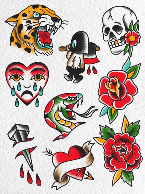 Bold Traditional Tattoos, American Traditional Arm Tattoo, Small American Traditional Tattoo Flash, American Traditional Animals, Small Old School Tattoo, Color Flash Tattoo, Old School Tattoo Color, American Traditional Animal Tattoo, American Traditional Flash Tattoo