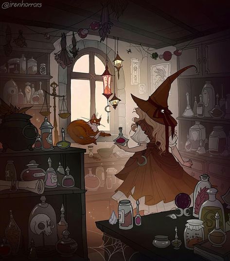 Witchy Anime Aesthetic, Cartoon Witch Aesthetic, Witch Aesthetic Cartoon, Witch Shop Art, Witch Shop Illustration, Witch Aesthetic Illustration, Magepunk Aesthetic, Witch Room Drawing, Anime Witch Aesthetic