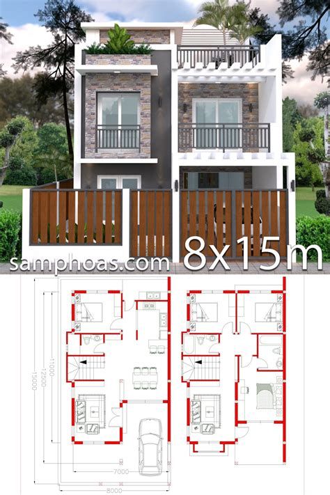 House Plans 7x12m With 4 Bedrooms Plot 8x15 - Sam House Small Modern House Plans, Home Drawing, 2 Storey House Design, Two Story House, Duplex House Plans, Simple House Design, Sims House Plans, House Construction Plan, House Layout Plans