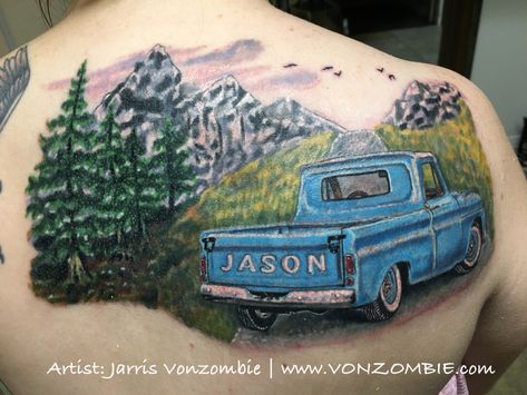 Chevy Truck and Landscape themed shoulder tattoo created by Jarris Vonzombie Pickup Truck Tattoo, Truck Tattoo For Women, Old Truck Tattoo, Chevy Truck Tattoo, Truck Tattoo Ideas, Ford Tattoo, Simple Rose Tattoo, Rose Tattoo Stencil, Truck Tattoo